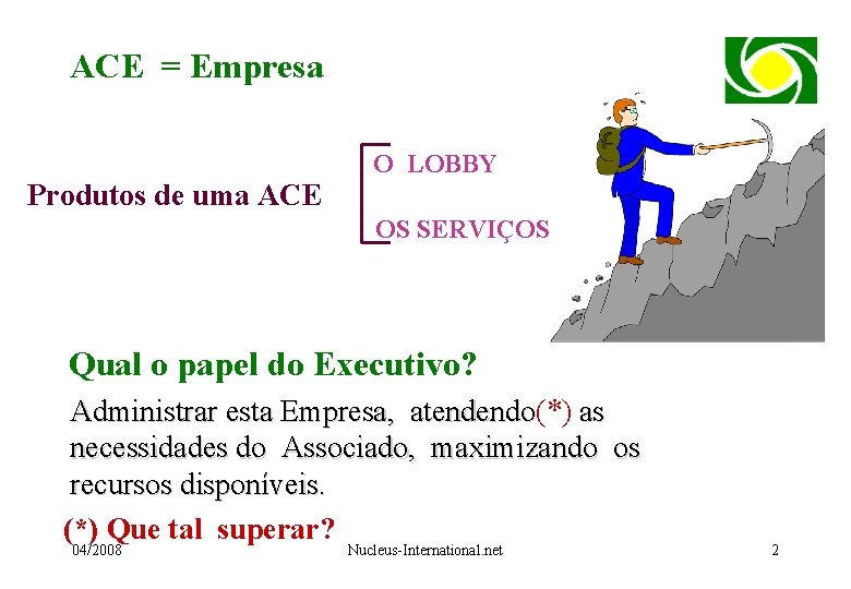 ACE = Empresa O LOBBY Produtos de uma ACE OS SERVIÇOS Qual o papel