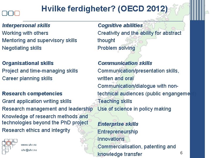 Hvilke ferdigheter? (OECD 2012) Interpersonal skills Working with others Mentoring and supervisory skills Negotiating