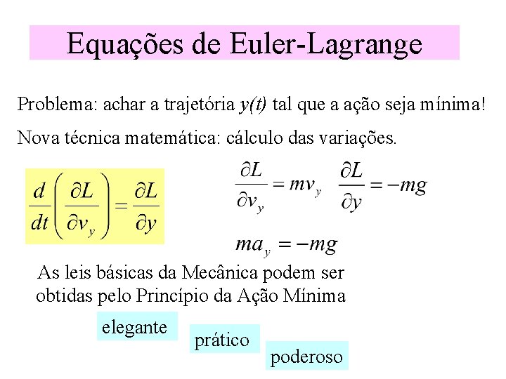 Equações de Euler-Lagrange Problema: achar a trajetória y(t) tal que a ação seja mínima! Equações de Euler-Lagrange Problema: achar a trajetória y(t) tal que a ação seja mínima!