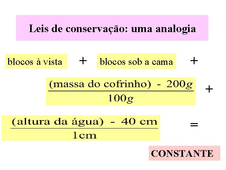 Leis de conservação: uma analogia blocos à vista + blocos sob a cama +