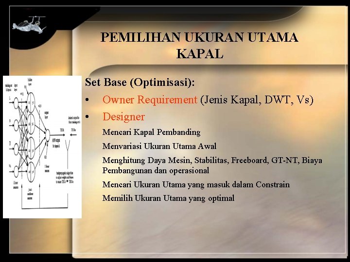 PEMILIHAN UKURAN UTAMA KAPAL Set Base (Optimisasi): • Owner Requirement (Jenis Kapal, DWT, Vs)