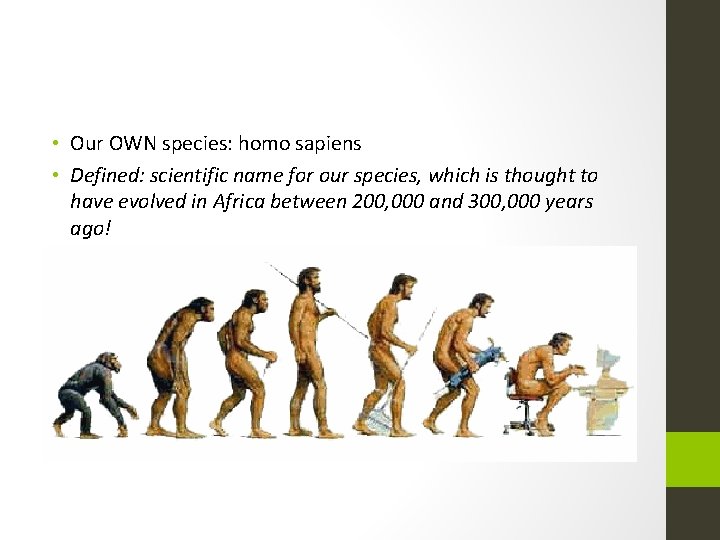 • Our OWN species: homo sapiens • Defined: scientific name for our species, • Our OWN species: homo sapiens • Defined: scientific name for our species,