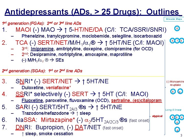 Antidepressants (ADs, > 25 Drugs): Outlines Molecular Shape 1 st generation (FGAs): 2 nd Antidepressants (ADs, > 25 Drugs): Outlines Molecular Shape 1 st generation (FGAs): 2 nd
