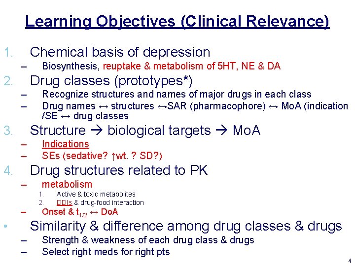 Learning Objectives (Clinical Relevance) Chemical basis of depression 1. – Biosynthesis, reuptake & metabolism Learning Objectives (Clinical Relevance) Chemical basis of depression 1. – Biosynthesis, reuptake & metabolism