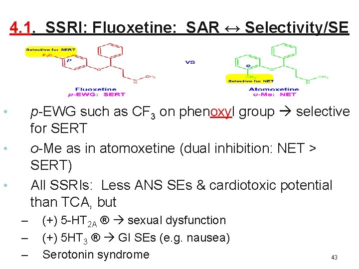 4. 1. SSRI: Fluoxetine: SAR ↔ Selectivity/SE p-EWG such as CF 3 on phenoxyl 4. 1. SSRI: Fluoxetine: SAR ↔ Selectivity/SE p-EWG such as CF 3 on phenoxyl