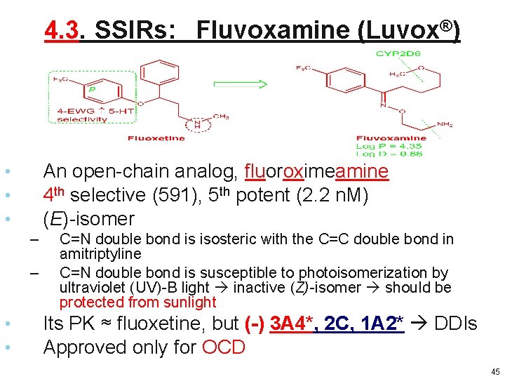 4. 3. SSIRs: Fluvoxamine (Luvox®) An open-chain analog, fluoroximeamine 4 th selective (591), 5 4. 3. SSIRs: Fluvoxamine (Luvox®) An open-chain analog, fluoroximeamine 4 th selective (591), 5