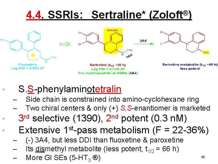 4. 4. SSRIs: Sertraline* (Zoloft®) S. S-phenylaminotetralin • – – Side chain is constrained 4. 4. SSRIs: Sertraline* (Zoloft®) S. S-phenylaminotetralin • – – Side chain is constrained
