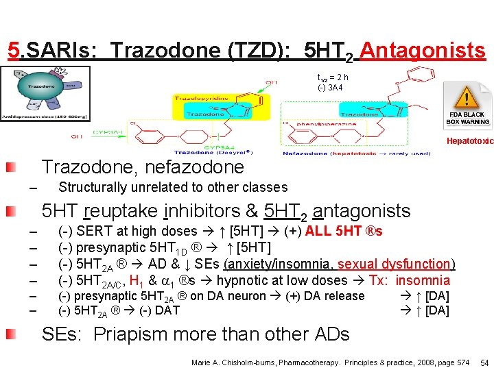 5. SARIs: Trazodone (TZD): 5 HT 2 Antagonists t 1/2 = 2 h (-) 5. SARIs: Trazodone (TZD): 5 HT 2 Antagonists t 1/2 = 2 h (-)