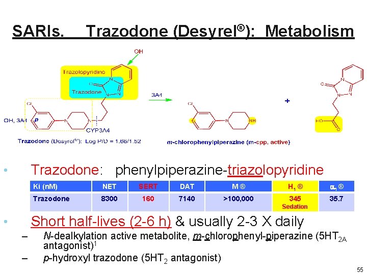 SARIs. Trazodone (Desyrel®): Metabolism Trazodone: phenylpiperazine-triazolopyridine • Ki (n. M) NET SERT DAT M® SARIs. Trazodone (Desyrel®): Metabolism Trazodone: phenylpiperazine-triazolopyridine • Ki (n. M) NET SERT DAT M®