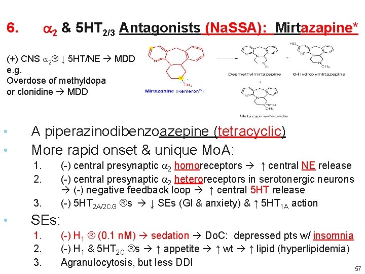 a 2 & 5 HT 2/3 Antagonists (Na. SSA): Mirtazapine* 6. (+) CNS a a 2 & 5 HT 2/3 Antagonists (Na. SSA): Mirtazapine* 6. (+) CNS a