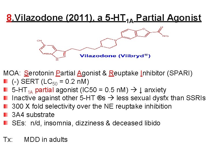 8. Vilazodone (2011), a 5 -HT 1 A Partial Agonist MOA: Serotonin Partial Agonist 8. Vilazodone (2011), a 5 -HT 1 A Partial Agonist MOA: Serotonin Partial Agonist