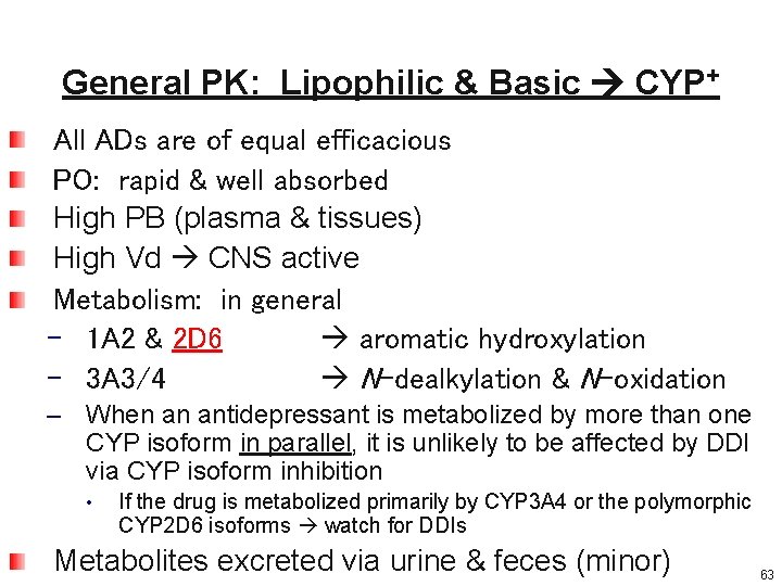 General PK: Lipophilic & Basic CYP+ All ADs are of equal efficacious PO: rapid General PK: Lipophilic & Basic CYP+ All ADs are of equal efficacious PO: rapid