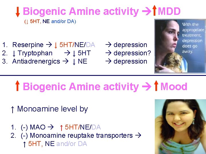 Biogenic Amine activity MDD (↓ 5 HT, NE and/or DA) 1. Reserpine ↓ 5 Biogenic Amine activity MDD (↓ 5 HT, NE and/or DA) 1. Reserpine ↓ 5