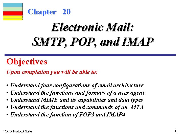 Chapter 20 Electronic Mail: SMTP, POP, and IMAP Objectives Upon completion you will be