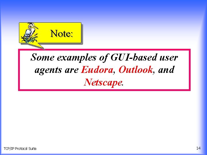 Note: Some examples of GUI-based user agents are Eudora, Outlook, and Netscape. TCP/IP Protocol