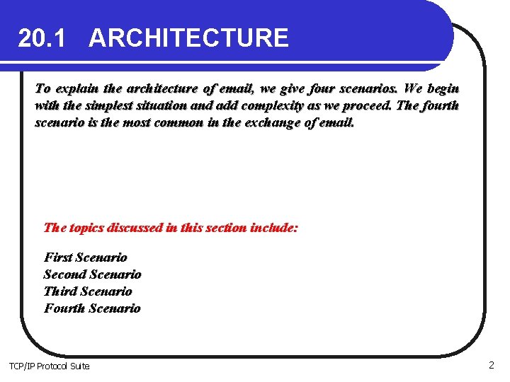 20. 1 ARCHITECTURE To explain the architecture of email, we give four scenarios. We