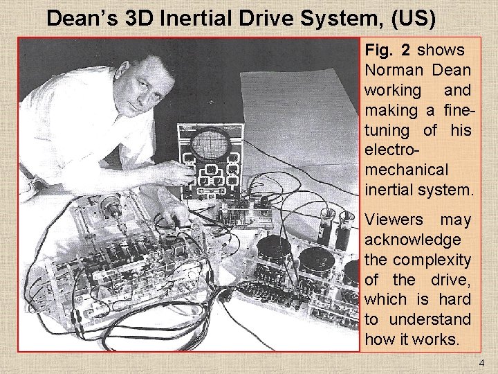 Dean’s 3 D Inertial Drive System, (US) Fig. 2 shows Norman Dean working and