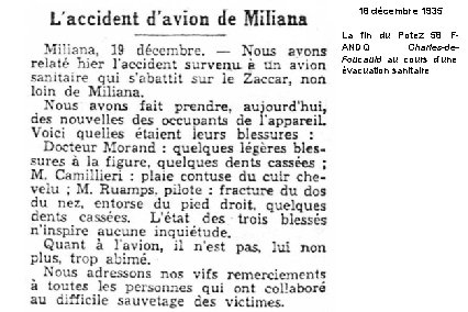 18 décembre 1935 La fin du Potez 58 FANDQ Charles-de. Foucauld au cours d’une