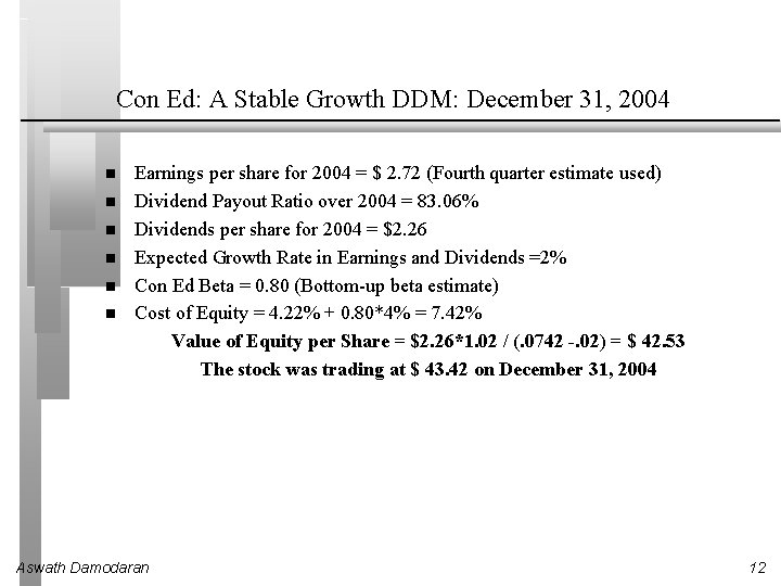 Con Ed: A Stable Growth DDM: December 31, 2004 Earnings per share for 2004