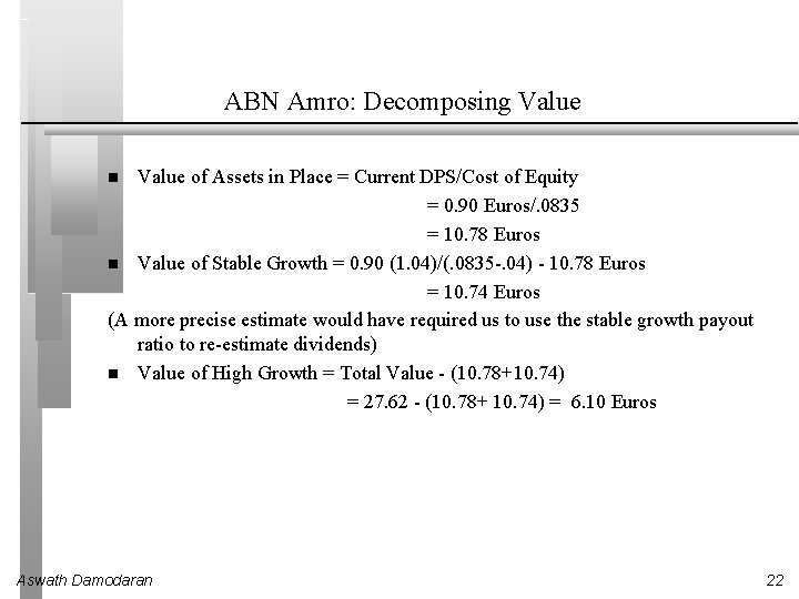 ABN Amro: Decomposing Value of Assets in Place = Current DPS/Cost of Equity =