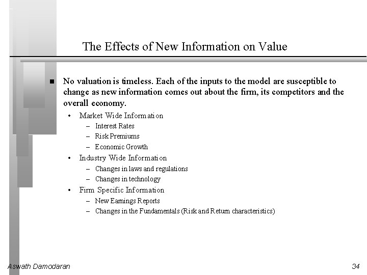 The Effects of New Information on Value No valuation is timeless. Each of the