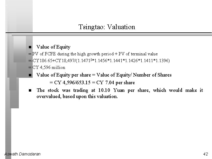 Tsingtao: Valuation Value of Equity = PV of FCFE during the high growth period