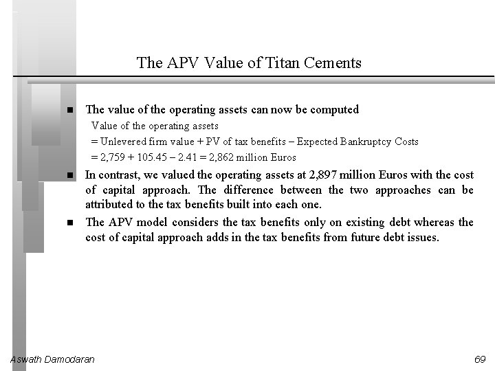 The APV Value of Titan Cements The value of the operating assets can now