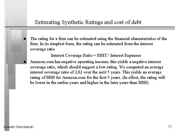 Estimating Synthetic Ratings and cost of debt The rating for a firm can be