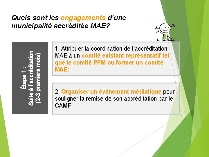  Étape 1 : Suite à l’accréditation (2 -3 premiers mois) Quels sont les