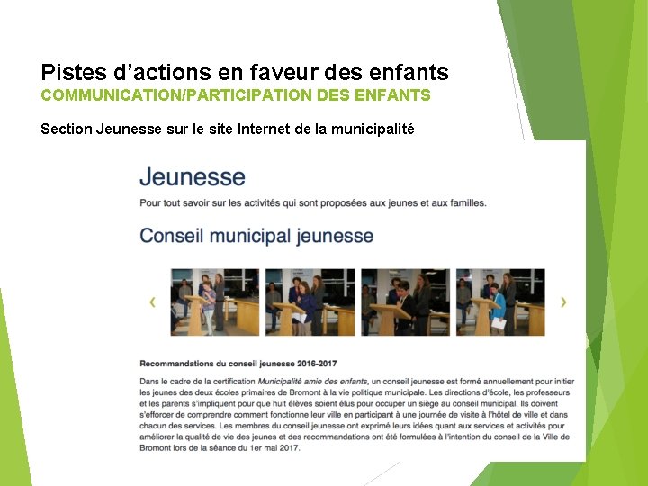 Pistes d’actions en faveur des enfants COMMUNICATION/PARTICIPATION DES ENFANTS Section Jeunesse sur le site