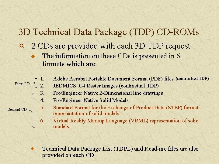 3 D Technical Data Package (TDP) CD-ROMs 2 CDs are provided with each 3
