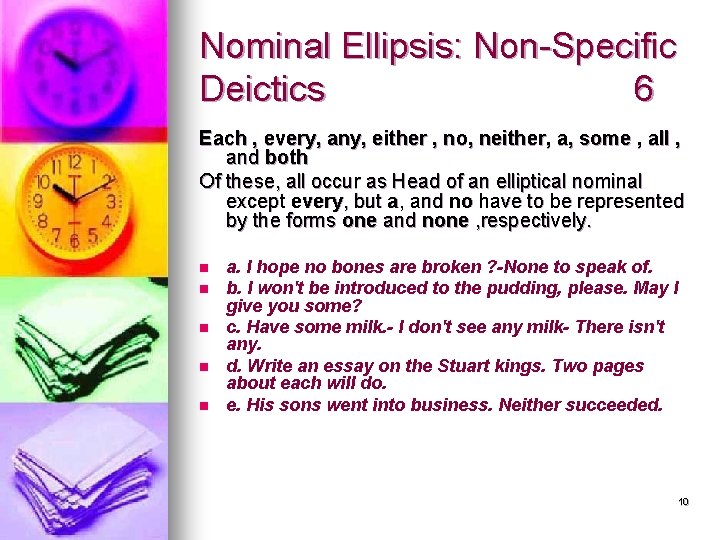 Nominal Ellipsis: Non-Specific Deictics 6 Each , every, any, either , no, neither, a,