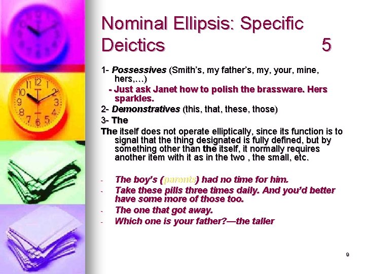 Nominal Ellipsis: Specific Deictics 5 1 - Possessives (Smith’s, my father’s, my, your, mine,