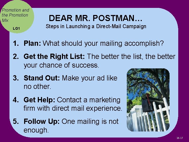 Promotion and the Promotion Mix DEAR MR. POSTMAN… LG 1 Steps in Launching a