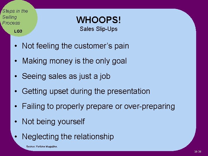 Steps in the Selling Process WHOOPS! Sales Slip-Ups LG 3 • Not feeling the