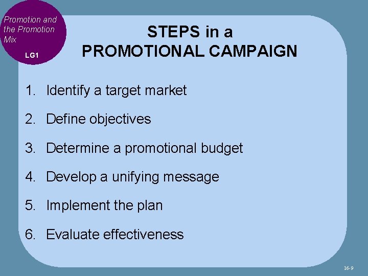 Promotion and the Promotion Mix LG 1 STEPS in a PROMOTIONAL CAMPAIGN 1. Identify