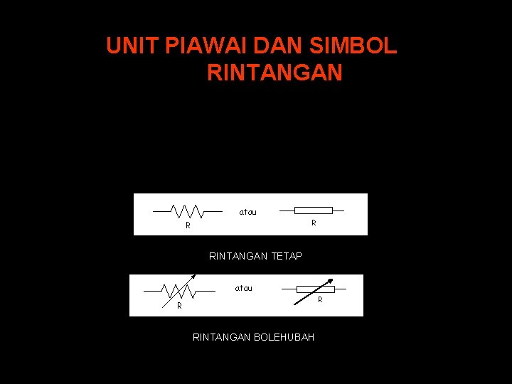 UNIT PIAWAI DAN SIMBOL RINTANGAN Rintangan diukur dalam unit Ohm (Ω) Simbol bagi rintangan