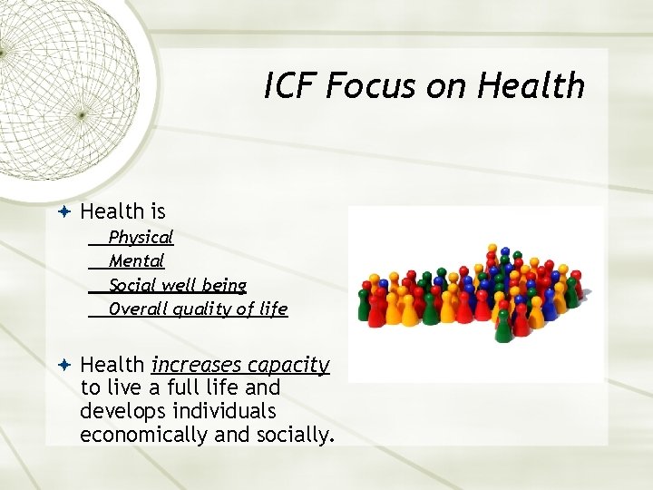 ICF Focus on Health is Physical Mental Social well being Overall quality of life