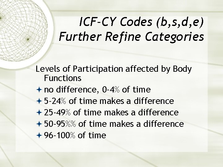 ICF-CY Codes (b, s, d, e) Further Refine Categories Levels of Participation affected by