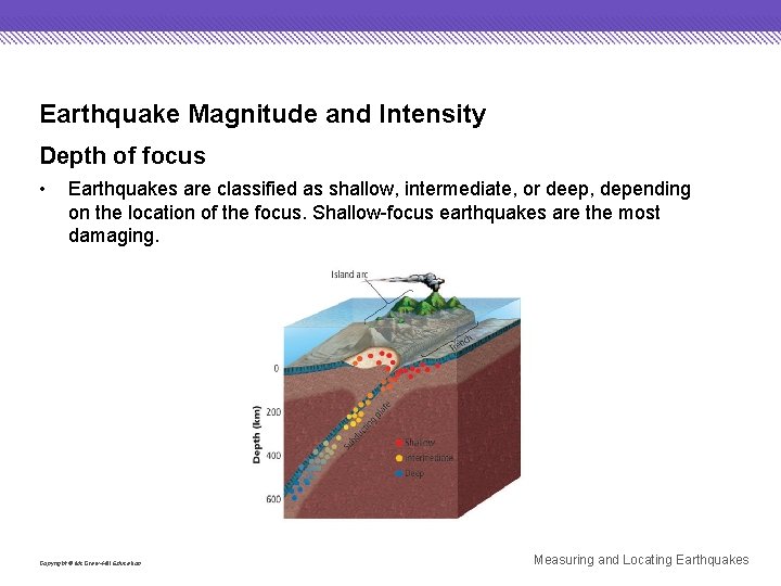 Earthquake Magnitude and Intensity Depth of focus • Earthquakes are classified as shallow, intermediate,