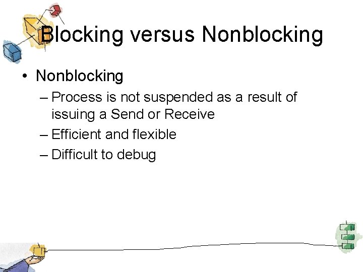 Blocking versus Nonblocking • Nonblocking – Process is not suspended as a result of
