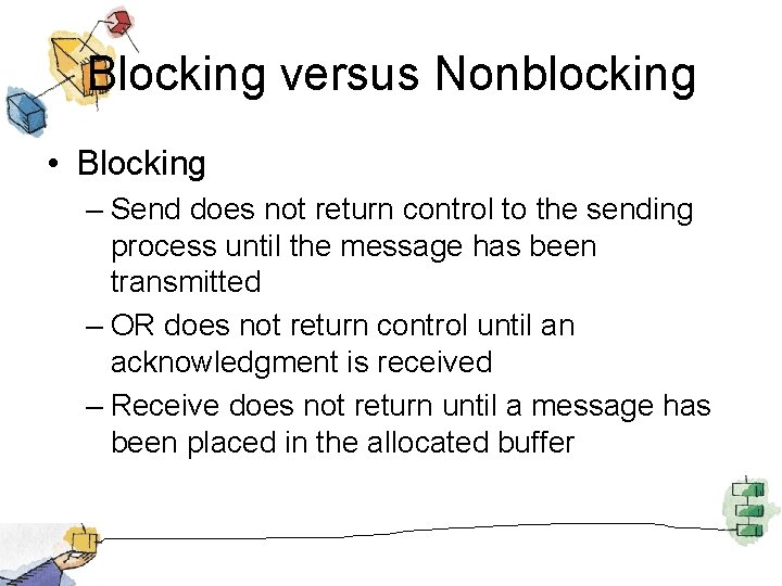 Blocking versus Nonblocking • Blocking – Send does not return control to the sending