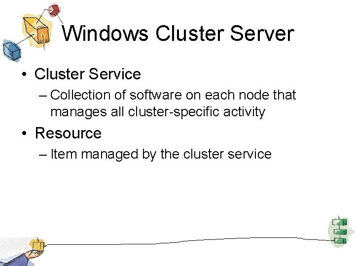 Windows Cluster Server • Cluster Service – Collection of software on each node that