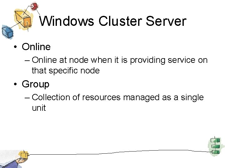 Windows Cluster Server • Online – Online at node when it is providing service