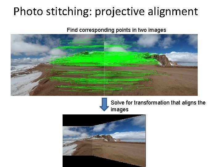 Photo stitching: projective alignment Find corresponding points in two images Solve for transformation that