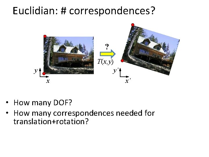 Euclidian: # correspondences? ? T(x, y) y’ y x x’ • How many DOF?