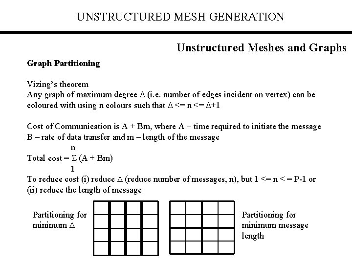 UNSTRUCTURED MESH GENERATION Unstructured Meshes and Graphs Graph Partitioning Vizing’s theorem Any graph of