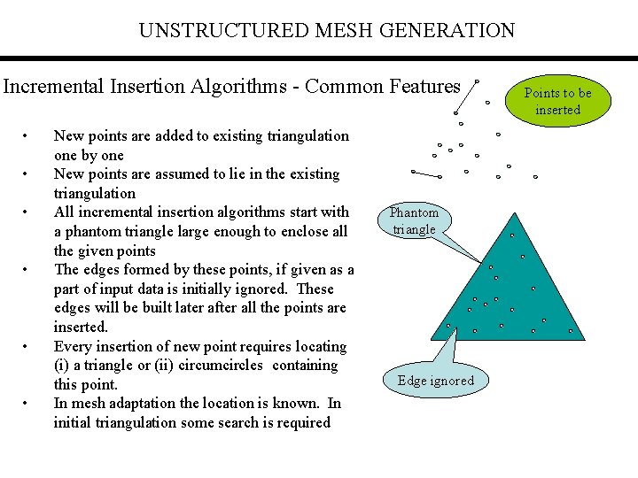 UNSTRUCTURED MESH GENERATION Incremental Insertion Algorithms - Common Features • • • New points