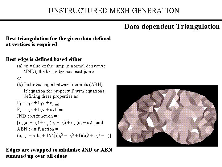 UNSTRUCTURED MESH GENERATION Data dependent Triangulation Best triangulation for the given data defined at