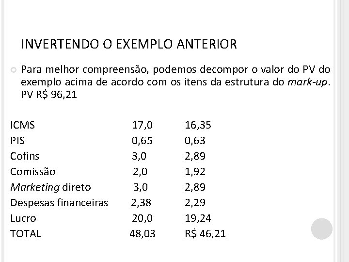 INVERTENDO O EXEMPLO ANTERIOR Para melhor compreensão, podemos decompor o valor do PV do